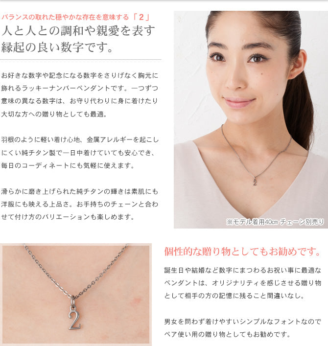 純チタンペンダントトップ 数字・ナンバー2（ラッキーナンバー）T264-2