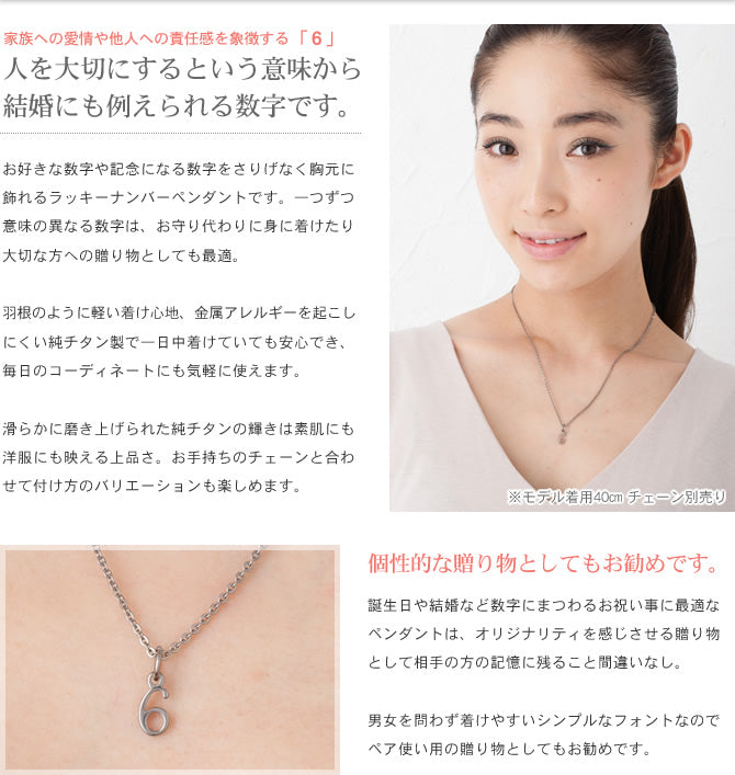 純チタンペンダントトップ 数字・ナンバー6（ラッキーナンバー）T264-6